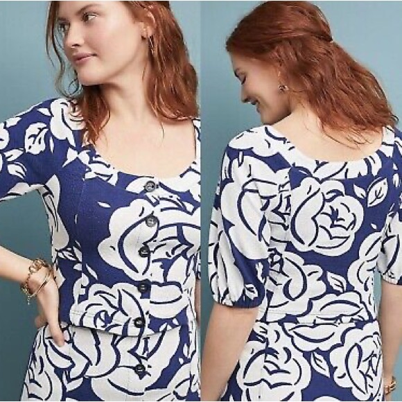 Anthropologie Maeve Amiens Blue & White Floral Puffed Sleeve Cropped Blouse - Picture 2 of 10